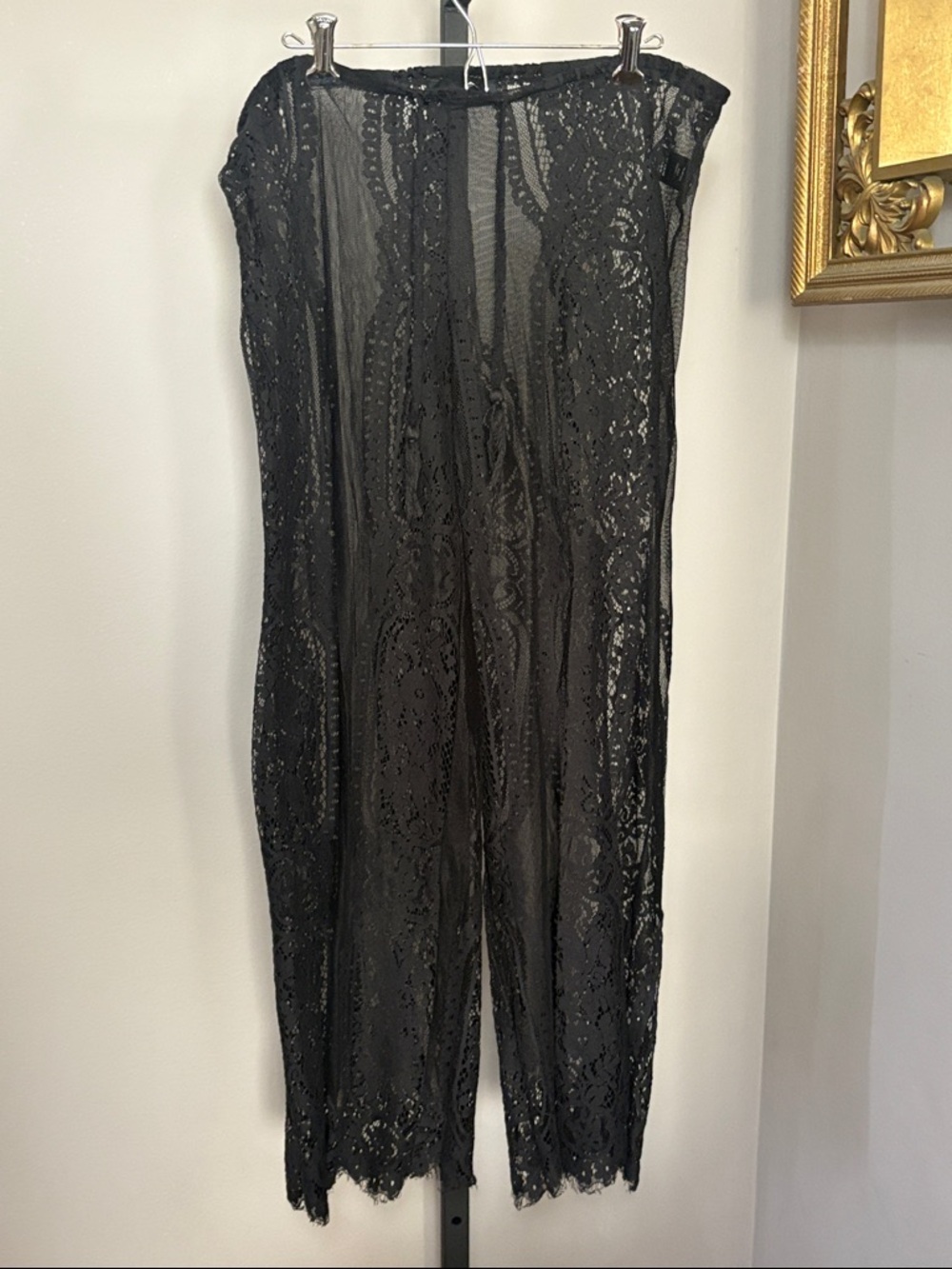 Aakaa Small Black Lace Wide Leg Pants Semi Sheer